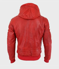 Mens Red Bomber Hooded Leather Jacket Bomber Jacket men detail view 2 | Dash Racegear — Red Leather Hooded Jacket Mens