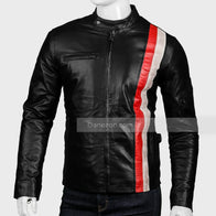 Mens Red & White Striped Black Leather Jacket Leather Jacket men front product view | Dash Racegear — black leather red and white striped leather jacket