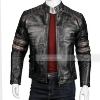 Mens Cafe Racer Retro Distressed Leather Jacket Biker Jacket men detail view 2 | Dash Racegear — Mens Retro Distressed Cafe Racer Jacket