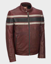 Mens Retro Red Waxed Vintage Leather Jacket Leather Jacket men front product view | Dash Racegear — Mens Red Waxed Retro Stripe Vintage Leather Jacket