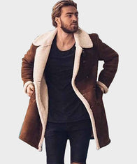 Mens Shearling Brown Double-Breasted Coat Jacket men front product view | Dash Racegear — Mens Shearling Mid-Length Brown Leather Coat for Mens Outfits