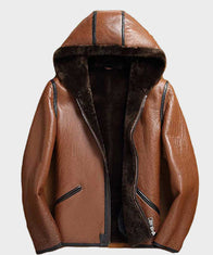 Mens Shearling Brown Sheepskin Leather Jacket Leather Jacket men front product view | Dash Racegear — Mens Sheepskin Brown Hooded Shearling Leather Jacket
