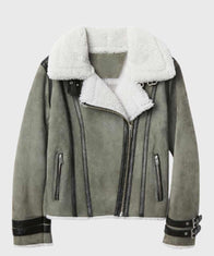 Womens Shearling Grey Leather Jacket Leather Jacket women front product view | Dash Racegear — Mens Grey Sheepskin Leather Shearling Jacket
