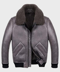 Mens Shearling Grey Sheepskin B2 Leather Jacket Leather Jacket men front product view | Dash Racegear — Grey Shearling B2 Sheepskin Leather Jacket for Mens