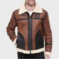Mens Shearling Tan Brown Sheepskin B3 Leather Jacket Leather Jacket men front product view | Dash Racegear — Men's Sheepskin Shearling B3 Tan Brown Leather Jacket