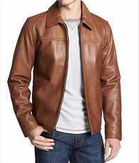 Mens Shirt Collar Brown Leather Jacket Leather Jacket men front product view | Dash Racegear — Shirt Collar Mens Brown Leather Jacket