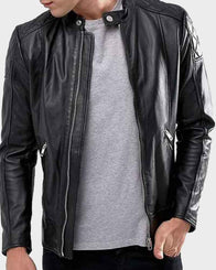 Mens Shoulder Quilted Black Jacket Jacket men front product view | Dash Racegear — Mens Quilted Black Leather Jacket