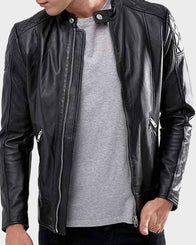 Mens Shoulder Quilted Black Jacket Jacket men front product view | Dash Racegear — Mens Quilted Black Leather Jacket
