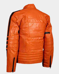 Mens Slim Fit Orange Padded Biker Leather Jacket Biker Jacket men detail view 2 | Dash Racegear — Mens Slim Fit Orange Padded Biker Leather Jacket