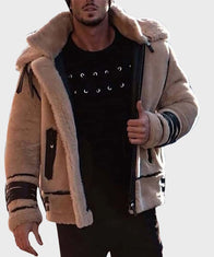 Mens Style Brown Leather Shearling Jacket Jacket men front product view | Dash Racegear — Mens Style Brown Zipper Shearling Winter Leather Jacket