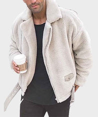 Mens Style White Shearling Winter Jacket Jacket men front product view | Dash Racegear — Mens Shearling White Zipper Jacket
