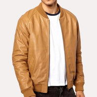 Mens Tan Brown Bomber Leather Jacket Bomber Jacket men front product view | Dash Racegear — Tan Brown Classic Bomber Jacket