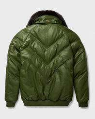Mens V-Bomber Green Leather Jacket Leather Jacket men detail view 2 | Dash Racegear — Mens V-Bomber Green Leather Jacket