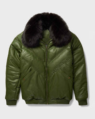 Mens V-Bomber Green Leather Jacket Leather Jacket men front product view | Dash Racegear — Mens V-Bomber Green Lambskin Jacket