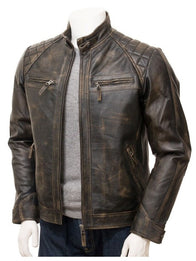 Mens Vintage Brown Quilted Leather Jacket Leather Jacket men front product view | Dash Racegear — Quilted Shoulder Brown Vintage Jacket