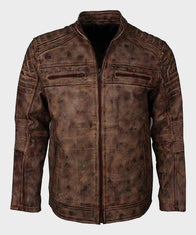 Mens Vintage Brown Waxed Cafe Racer Jacket Biker Jacket men front product view | Dash Racegear — Distressed Brown Cafe Racer Waxed Leather Jacket for Mens