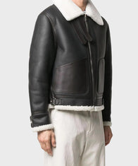 Men’s White Shearling Black Genuine Leather Jacket Leather Jacket men front product view | Dash Racegear — Men's Black Belted Genuine White Shearling Jacket