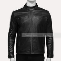 Mens White Striped Leather Jacket Biker Jacket men front product view | Dash Racegear — Mens white striped black leather jacket