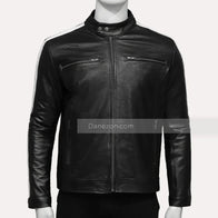 Mens White Striped Leather Jacket Biker Jacket men front product view | Dash Racegear — Mens white striped black leather jacket
