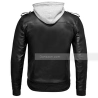 Mens Black Leather Jacket with Grey Hood Leather Jacket men detail view 3 | Dash Racegear — grey hood black leather jacket for mens