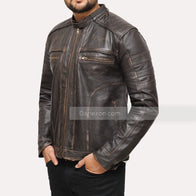 Mens Brown Distressed Cafe Racer Jacket Leather Jacket men detail view 3 | Dash Racegear — Distressed leather jacket mens biker