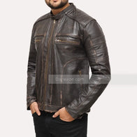 Mens Brown Distressed Cafe Racer Jacket Leather Jacket men detail view 3 | Dash Racegear — Distressed leather jacket mens biker