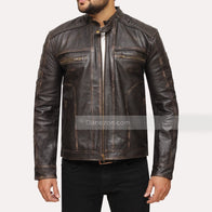 Mens Brown Distressed Cafe Racer Jacket Leather Jacket men detail view 2 | Dash Racegear — Distressed Biker Mens Jacket