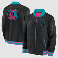 Miami Marlins Nike Black 2025 City Connect Bomber Jacket Bomber Jacket unisex front product view | Dash Racegear — City Connect 2025 Jacket – Miami Marlins Nike Black Bomber Outerwear