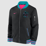 Miami Marlins Nike Black 2025 City Connect Bomber Jacket Bomber Jacket unisex detail view 2 | Dash Racegear — Nike Miami Marlins City Connect Bomber Jacket – 2025 Black Limited Edition