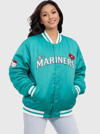 Mariners Hello Kitty Jacket Jacket unisex front product view | Dash Racegear — Green Hello Kitty bomber jacket by Michelle Villafuerte, inspired by Seattle Mariners design.