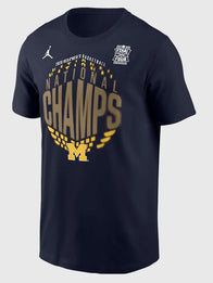 Michigan Wolverines 2026 NCAA National Champions Locker Room T-Shirt Shirt unisex front product view | Dash Racegear — Navy Michigan Wolverines 2026 Locker Room T-shirt, perfect for fans and casual wear.