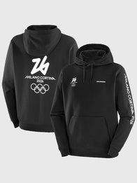 Milano Cortina 2026 Olympics Salomon Logo Graphic Hoodie Hoodie unisex front product view | Dash Racegear — Milano Cortina 2026 Olympics Salomon Hoodie in black, featuring bold graphics, perfect for fans staying cozy at events.