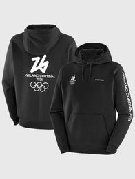 Milano Cortina 2026 Olympics Salomon Logo Graphic Hoodie Hoodie unisex front product view | Dash Racegear — Milano Cortina 2026 Olympics Salomon Hoodie in black, featuring bold graphics, perfect for fans staying cozy at events.