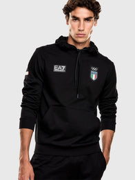 Winter Olympics 2026 Team Italy EA7 Emporio Armani Hoodie Hoodie unisex detail view 2 | Dash Racegear — Milano Cortina 2026 Team Italy Fleece Pullover Hoodie – Black, EA7 Emporio Armani official Olympic hoodie perfect for casual and sporty outfits.
