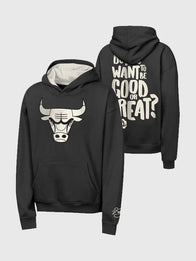 Chicago Bulls Derrick Rose Good or Great Hoodie Hoodie unisex front product view | Dash Racegear — Black Mitchell & Ness Chicago Bulls Derrick Rose Good or Great Hoodie featuring fleece warmth for fans honoring a legend.