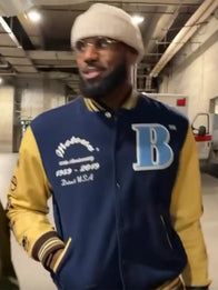 LeBron James Motown Varsity Jacket Varsity Jacket unisex detail view 2 | Dash Racegear — Blue and beige wool varsity jacket inspired by LeBron James Motown Records style in unisex design