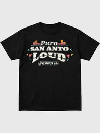 Puro San Anto Loud Playoffs T-Shirt Shirt unisex front product view | Dash Racegear — 2026 NBA Playoffs Puro San Anto Loud black T-shirt, bold fanwear for Spurs supporters showing up loud at game nights
