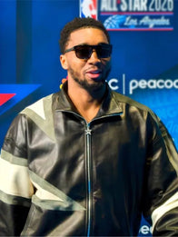 Donovan Mitchell NBA All Star 2026 Leather Jacket Leather Jacket unisex front product view | Dash Racegear — Black leather NBA All-Star Game 2026 jacket featuring Donovan Mitchell inspired graphics and sleek varsity styling.