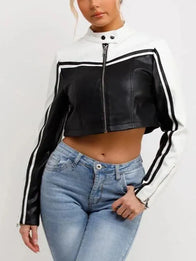 NBA All Star Jenna Bandy Leather Jacket Leather Jacket unisex detail view 2 | Dash Racegear — Two-tone black leather NBA All-Star 2026 Jenna Bandy jacket with zip front and standout varsity-inspired style.