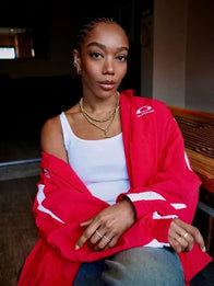 NBA London Game Naomi Ackie Red Jacket Jacket unisex detail view 3 | Dash Racegear — NBA All Star London 2026 red track jacket inspired by Naomi Ackie with bold chest graphic and relaxed fit.