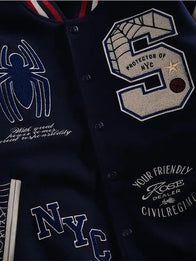Protector Of NYC Navy And Butter Letterman Jacket Jacket unisex detail view 3 | Dash Racegear — Navy and butter letterman varsity jacket designed for relaxed comfort and timeless streetwear-inspired appeal.