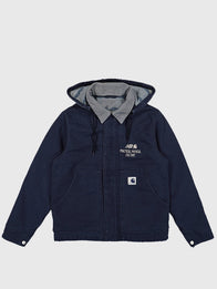 Carhartt New Balance Jacket Jacket unisex front product view | Dash Racegear — Carhartt WIP x New Balance Arcan Hooded Jacket for men in navy, durable and stylish for streetwear or casual wear.