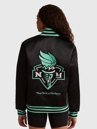 Liberty Twin Flame Varsity Jacket Varsity Jacket unisex detail view 3 | Dash Racegear — The Liberty Twin Flame Black Varsity Jacket blends timeless outerwear style with a sleek design and city-inspired aesthetic.