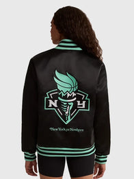 Liberty Twin Flame Varsity Jacket Varsity Jacket unisex detail view 3 | Dash Racegear — The Liberty Twin Flame Black Varsity Jacket blends timeless outerwear style with a sleek design and city-inspired aesthetic.