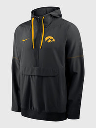 Nike Iowa Sideline College Anorak Hooded Jacket Jacket unisex front product view | Dash Racegear — Iowa College Nike 1 2 Zip Anorak Sideline Unisex Black Hooded Jacket delivering athletic comfort with campus pride