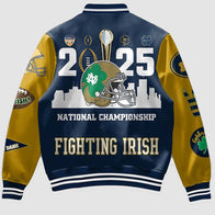 Notre Dame Fighting Irish 2025 Blue Varsity Jacket Varsity Jacket unisex detail view 2 | Dash Racegear — Blue 2025 Notre Dame Jacket – Fighting Irish Varsity Design