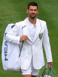 Novak Djokovic 2026 Wimbledon Blazer Blazer unisex front product view | Dash Racegear — A crisp white blazer inspired by Novak Djokovic’s Wimbledon style, featuring a sophisticated fit and classic championship aesthetic.