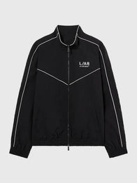 L/AB Diagonal Track Jacket Jacket unisex front product view | Dash Racegear — Black OFF-WHITE L/AB track jacket featuring diagonal detailing and a clean full-zip athletic silhouette.