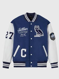 OVO Darryl Sittler Toronto Maple Leafs Varsity Jacket Varsity Jacket unisex front product view | Dash Racegear — OVO 2026 Toronto Maple Leafs Darryl Sittler varsity jacket in blue, wool body with leather sleeves for fans’ stylish game day look.