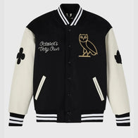 OVO Black & White Collegiate Varsity Jacket Varsity Jacket unisex front product view | Dash Racegear — OVO Black & White Collegiate Varsity Jacket – Classic Letterman Style